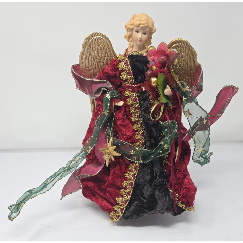 Elegant Christmas Angel‎ Tree Topper Red Velvet Gold Wings